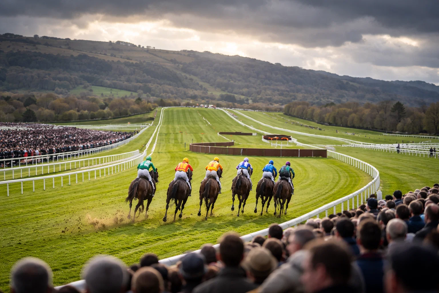 Cheltenham betting guide — racecourse view of Prestbury Park with horses approaching the finish hill