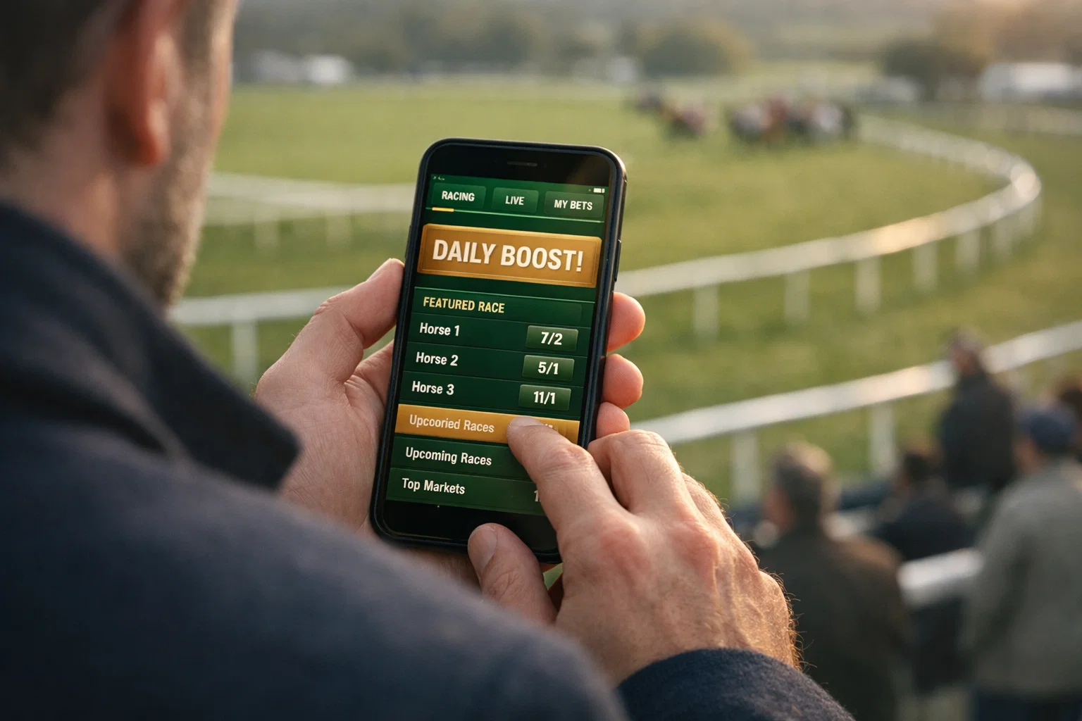 Cheltenham existing customer offers — punter checking daily boosts on a smartphone at the racecourse