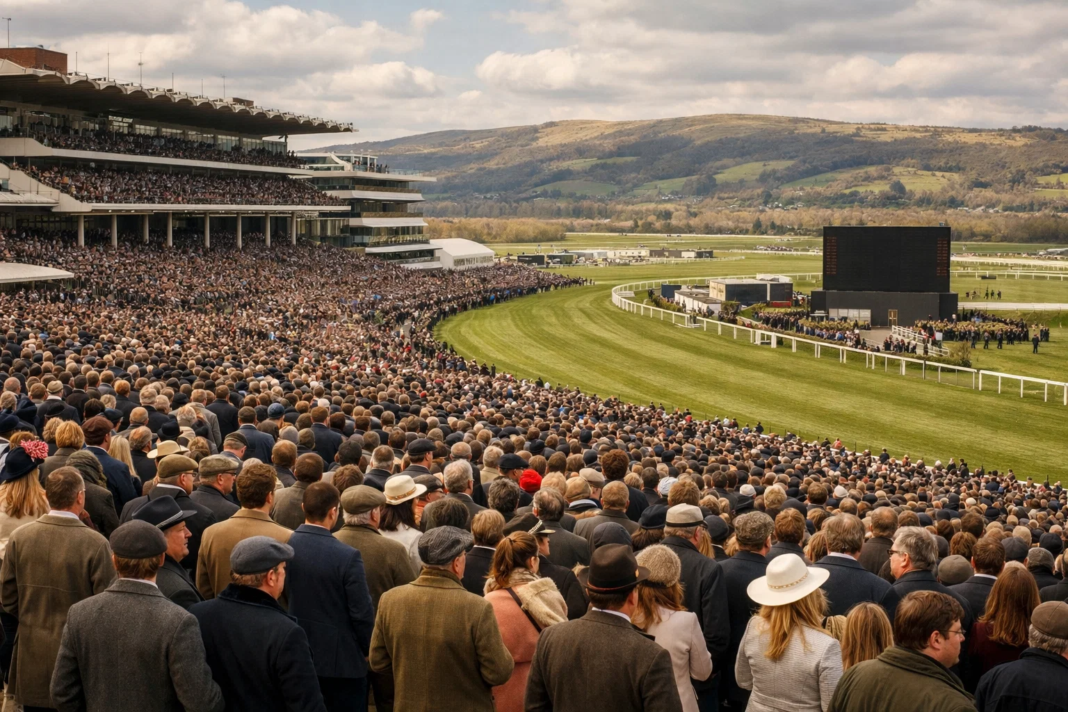 Cheltenham Festival racegoers and crowd attending jump racing event with grandstand views