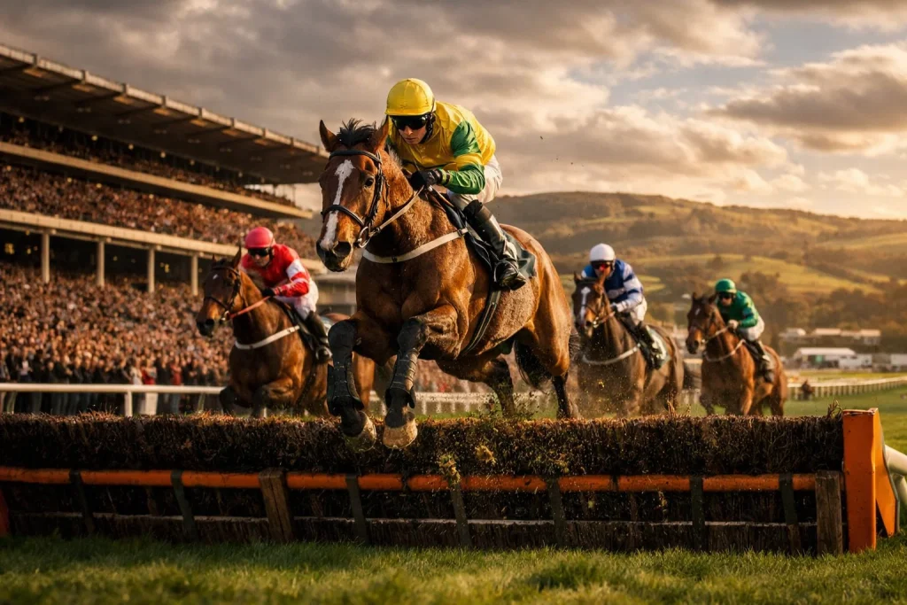 Cheltenham Festival 2026 racecourse with crowds and betting atmosphere during jump racing week