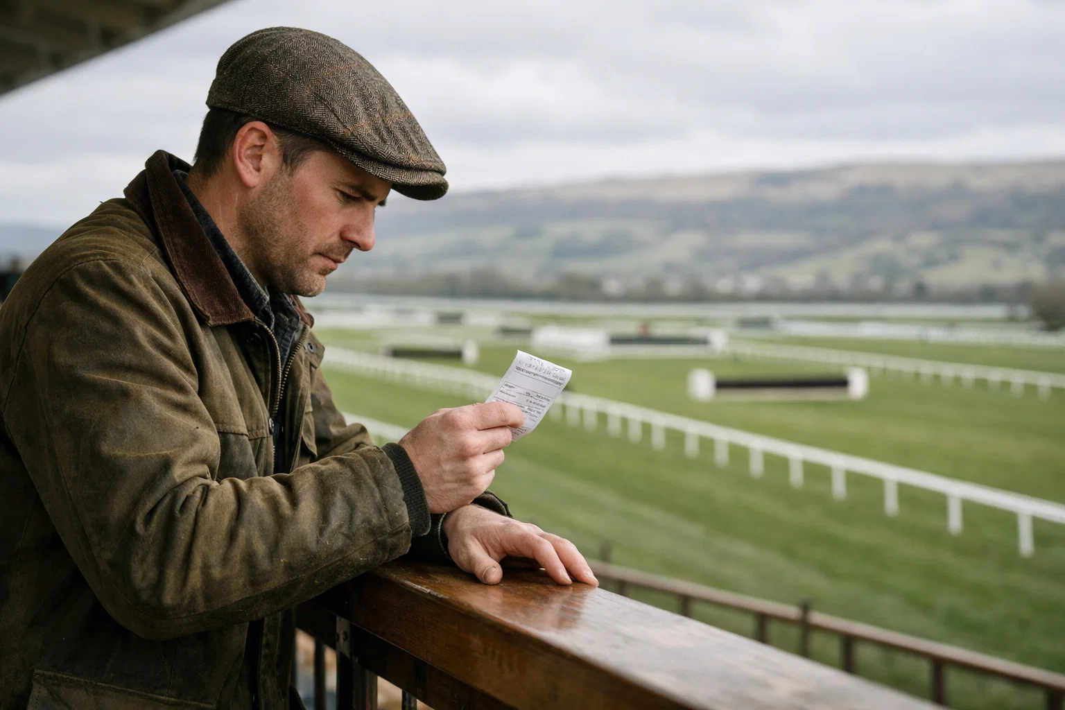 Cheltenham free bets explained — punter reviewing betting slip at Prestbury Park during Festival week